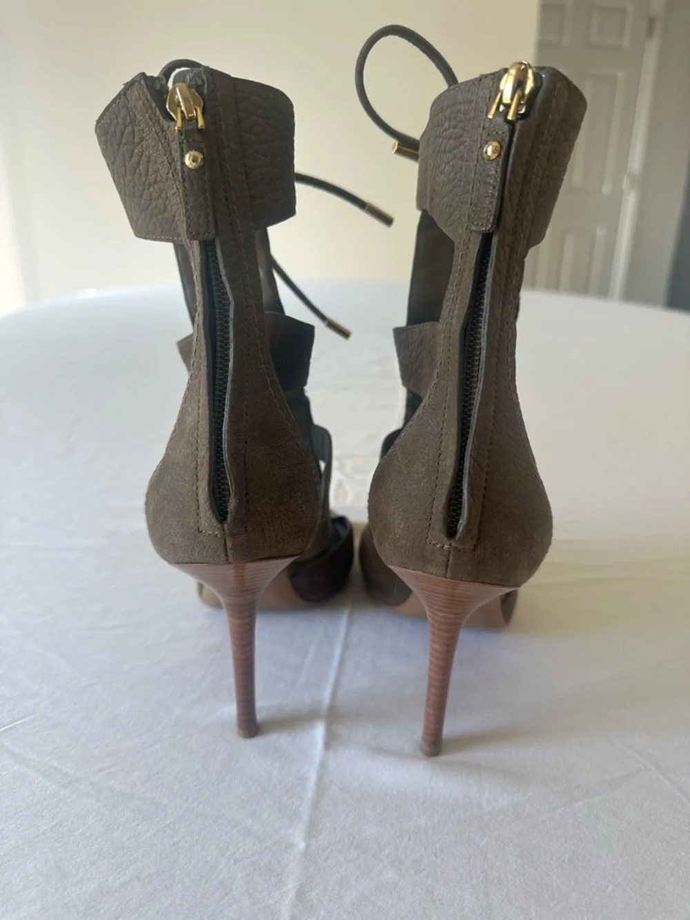 Louis Vuitton Taupe Lace-Up Peep-Toe High Heels - Picture 2 of 5